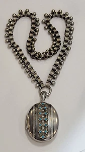 British Victorian Silver Engraved Locket Turquoise 17" Book Chain 72g Necklace - Picture 1 of 6