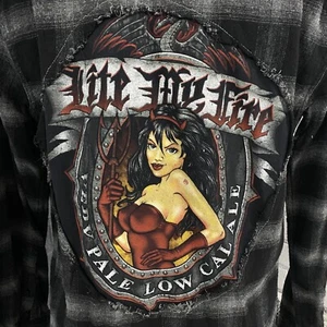 Upcycled Flannel Shirt Mens Medium Lite My Fire Beer Plaid Grunge Biker Rock - Picture 1 of 16