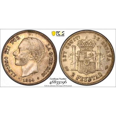 1884 MS M Spain 2 Pesetas Madrid Mint, PCGS AU 50. KM-678.2 - Image 1 of 4