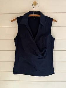 TALBOTS Sleeveless Faux Wrap Top Blouse Women’s Sz 2 Navy Blue Stretch Side Zip - Picture 1 of 4