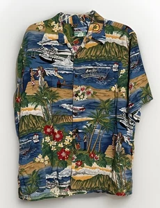 CAMICIA HAWAIANA VINTAGE ANNI 70-80 SENZA ETICHETTE REYN SPOONER L BLU AEREO TURISTICO RAYON - Foto 1 di 8