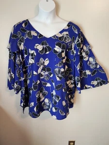 Lane Bryant Royal Blue Floral Layered Ruffle Wide Sleeve Top 22 24 - Picture 1 of 5
