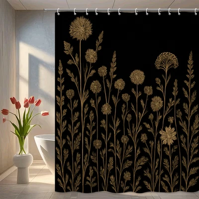 Cortina de ducha dorada floral sobre fondo negro Foto 1 de 4