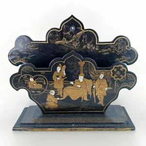 Antik Chinesisch Qing Dynastie Lack Vergoldet Bemalt Kunstwerk Holz Kartenhalter - Bild 1 von 14