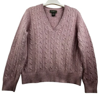 Suéter Eddie Bauer Mujer L Tejido con Cable Cuello en V Rosa Angora Mezcla de Algodón Japón Foto 1 de 4