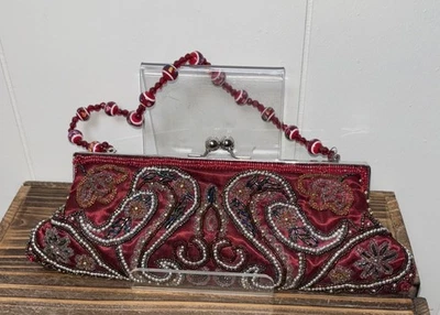 Bolso de Mano Apt 9 Borgoña Cuentas A Mano Satén Sedoso Paisley Noche  Foto 1 de 4