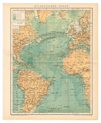 MAPA DE COLECCIÓN 1894 OCÉANO ATLÁNTICO Cables telegráficos transatlánticos Profundidad del océano Foto 1 de 4