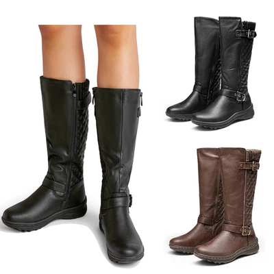 Women Classic Knee High Riding Boots Low Heel Round Toe Faux Fur Lined Boots - Image 1 of 2