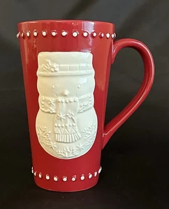 Hallmark Red and White Embossed Snowman Coffee Mug Tall White Interior 6” X 3.5” - Picture 1 of 8