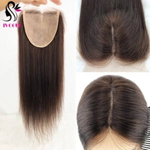 Dark Brown Human Hair Lace Closure Silk Base Straight Hair Piece Scalp Skin - Picture 1 of 12