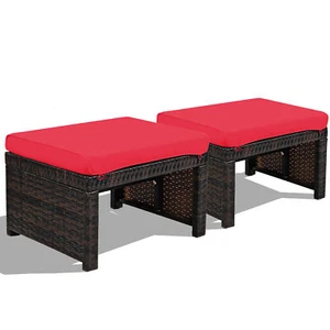 Set of 2 Rattan Ottoman Footrest Footstool Patio Furniture w/ Red Cushion - Picture 1 of 10