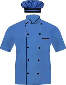 Men Chef Jacket Half Sleeves, 10 attractive Colors With Black Piping, Free Cap - Picture 1 of 44