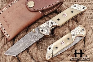 HUNTEX Handmade Damascus Blade, Camel Bone Handle, Hunting Tanto Pocket Knife - Picture 1 of 7