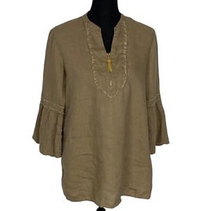ELLEN TRACY Women 100% Linen Tunic Top Bell Sleeves V Neck Sz M Tan 51-20 - Picture 1 of 10