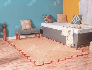 Turkish Rug Living Room For Hand Braided Beige Red Scalloped Border Jute Rug - Picture 1 of 8