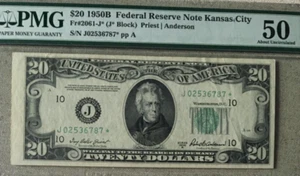 1950B $20 PMG50 ABOUT UNCIRCULATED, FED RES *STAR* NOTE, KANSAS CITY 9202 - Picture 1 of 6