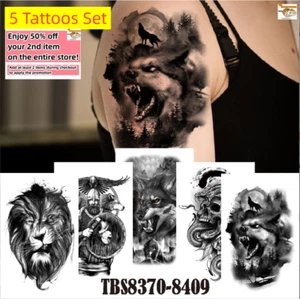 5er Set - Wasserdichte Temporäre Tattoo Aufkleber Tier Wolf Löwe Arm & Körperkunst - Bild 1 von 11