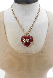 Betsey Johnson Vintage Skull & Crossbones Pirate Red Lucite Heart Necklace