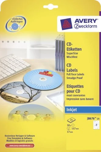 Avery labels J8676-25 Full face matt CD labels 2 labels/sht, 25 shts/pk 50 total