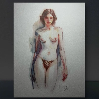 Figura Mujer Desnuda Pintura Acuarela Clásica Original 8x10 Foto 1 de 3