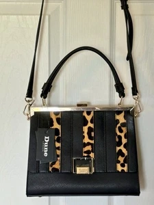 DUNE LONDON Black & Gold Hand Bag Purse Shoulder Strap Calf Hair Leopard Trim - Picture 1 of 13