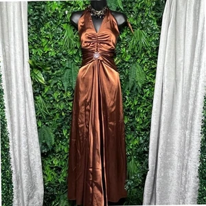 Vintage Jessica McClintock Kleid Größe 6 Bronze Neckholder Maxi Abendkleid 2947 - Bild 1 von 9