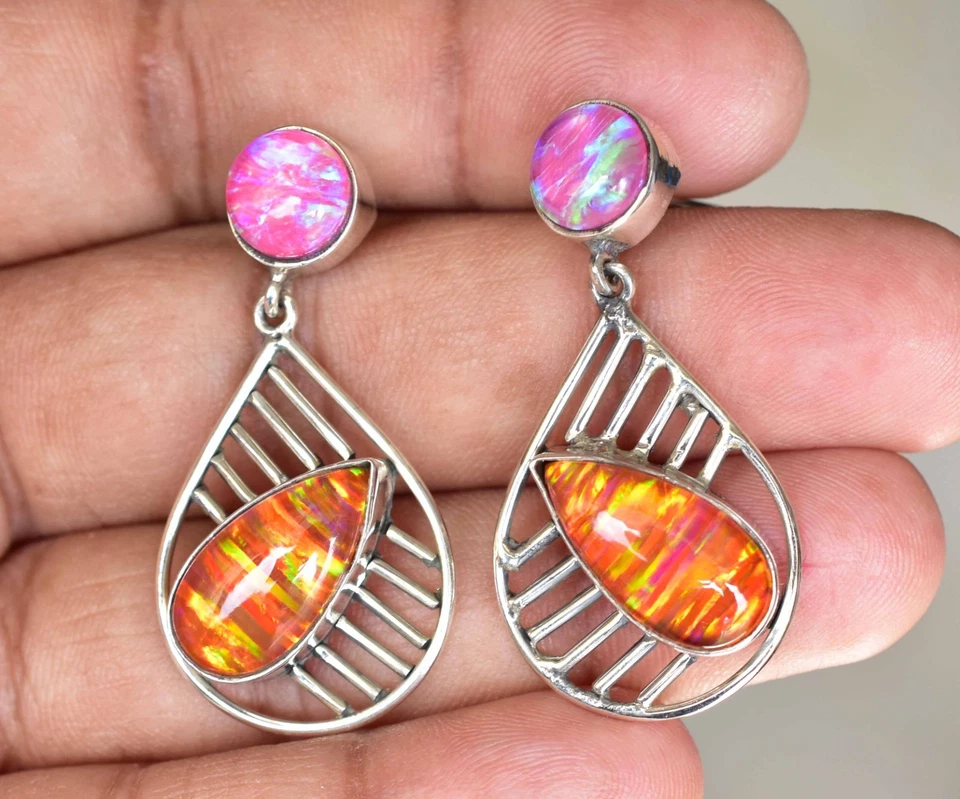 Pendientes bisel plata esterlina 925 pera ópalo de fuego naranja 42,80 quilates joyería para mujer Foto 1 de 4