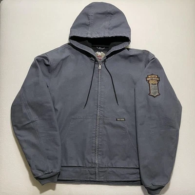 复古 Harley Davidson 夹克男式 XL 连帽全拉链帆布工作服骑手 Y2K — 第 1/4 张图片