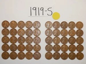 1919-S CENT ROLL SOLID DATE = 50 LINCOLN WHEAT PENNIES (8+ ARTÍCULOS ENVIADOS GRATIS) - Imagen 1 de 6