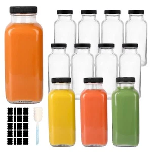 12 Pack Glass Drink Bottles 12 Oz Vintage Square Water Bottles With Lids Juice B - Picture 1 of 7