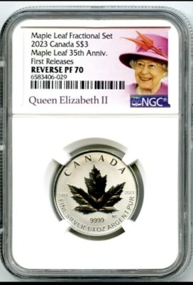 2023 Canada $3 1/4oz FINE SILVER MAPLE LEAF 35TH ANNIV NGC REVERSE PF70 FR - Image 1 of 4