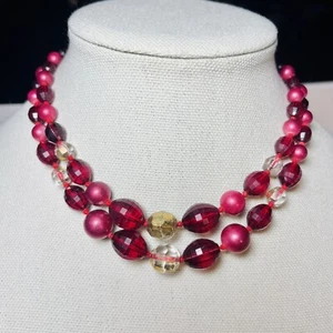 Vintage Double Strand Choker Necklace Germany Hot Pink Red Gold Bead 15.5” - Picture 1 of 9