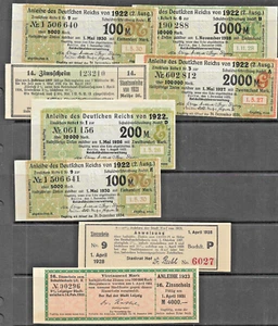 (18) GERMANY - 1922-23 REICH STAMP BOND COUPONS x8. MOST ARE EMBOSSED EAGLE - Picture 1 of 1