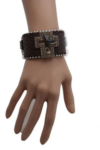 Women Brown Leather Western Bracelet Fashion Big Silver Cross Silver Bling Beads - Picture 1 of 12