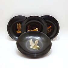 Vintage MCM COUROC of MONTEREY Set of 4 Round Black Inlaid Plates - Birds Eagle