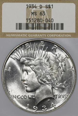 1934-D $1 NGC MS63 Peace Silver Dollar - White! Cover