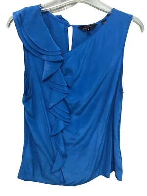 Blusa Ted Baker Azul 100% Seda Talla 4 M/L Sin Mangas Desplazado Volantes Cremallera Lateral Foto 1 de 4