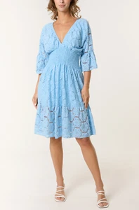 New Ladies Womens FLORAL LACE SHIRRED BODICE MIDI DRESS Mini Dress Holiday Beech - Picture 1 of 2