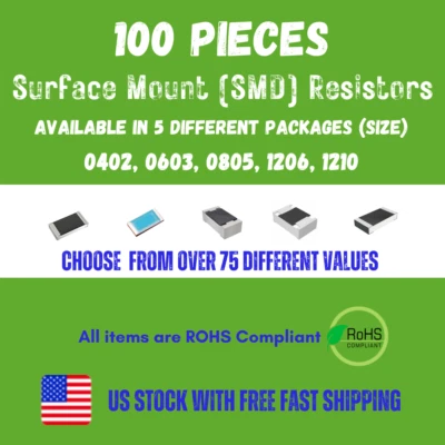 100pcs, Surface Mount (SMD) Resistors, 0402, 0603, 0805, 1206, 1210