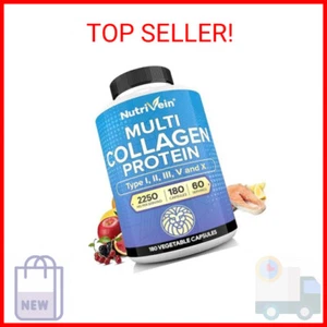 Nutrivein Multi Collagen Pills 2250mg - 180 Collagen Capsules - Type I, II, III, - Picture 1 of 2