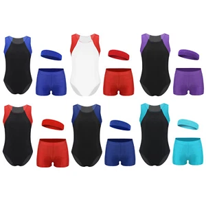 Kids Girls Leotard With Shorts Stage Performance Gymnastics Outfits 3Pcs/Set - Picture 1 of 74