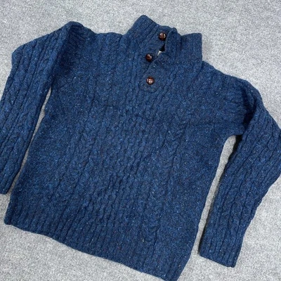 LL Bean Men M Heritage Sweater Irish Fisherman's Button-Mock Blue Wool *READ* - Image 1 of 4