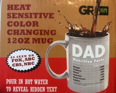 Heat Sensitive Color Changing 12oz Mug,  DAD Nutrition Facts,   NEW IN PACKAGE - Image 1 of 2