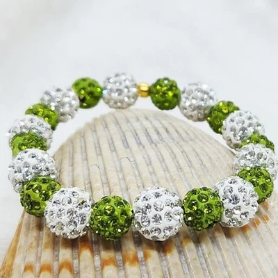 Sparkling Green & White Rhinestone Beaded Handmade Stretch Bracelet - Image 1 of 4