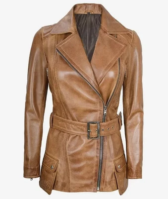 Women Belted Asymmetrical Moto Biker Real Lambskin Camel Brown Leather Jacket - Image 1 of 4