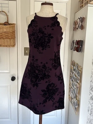 Vintage Y2k Velvet Rose Mini Dress Sz M Pre Owned Whimsigoth Deep Purple - Image 1 of 4