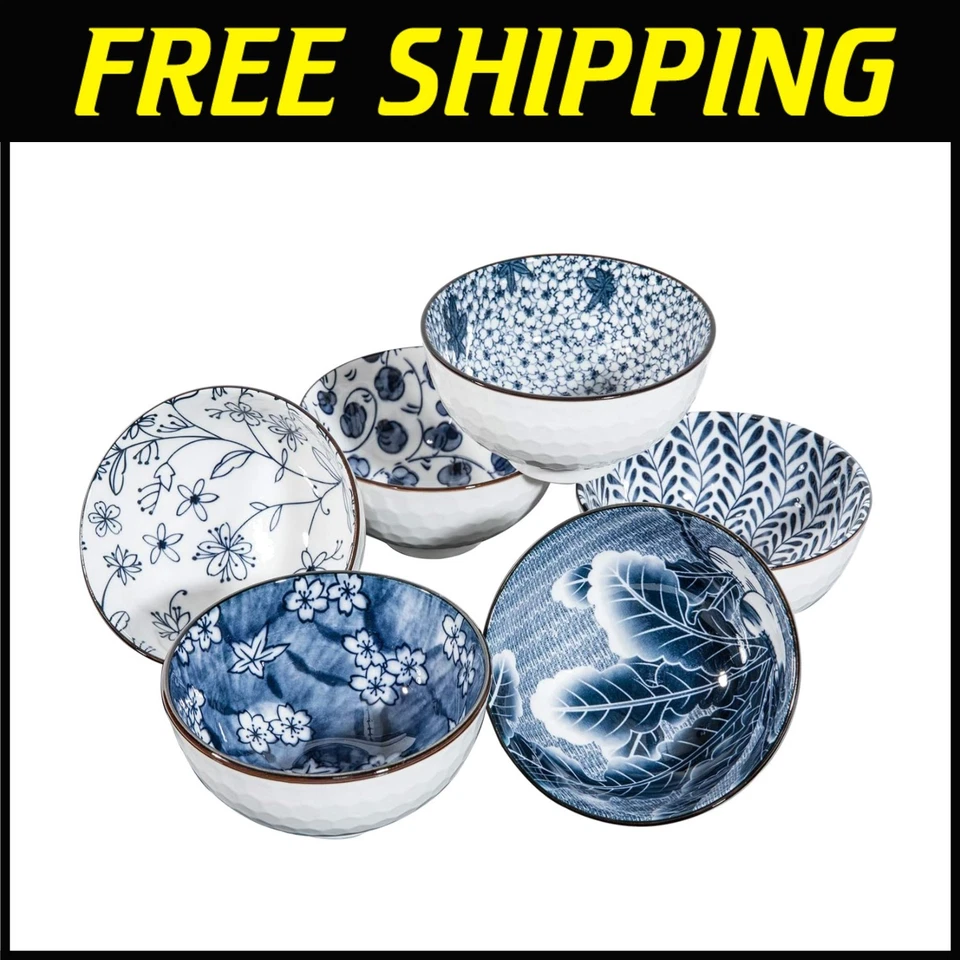 Elegantes cuencos de cereal florales azules y blancos, 6 pulgadas - Juego de 6 Foto 1 de 4
