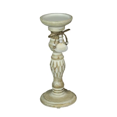 Candelabro con pedestal de madera de 11 pulgadas pilar lavado blanco rústico con conchas marinas Foto 1 de 4