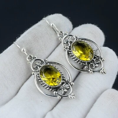 Bello Citrino Gemma 925 Argento Sterling Orecchino Artigianale Argento Gioielli - Immagine 1 di 4