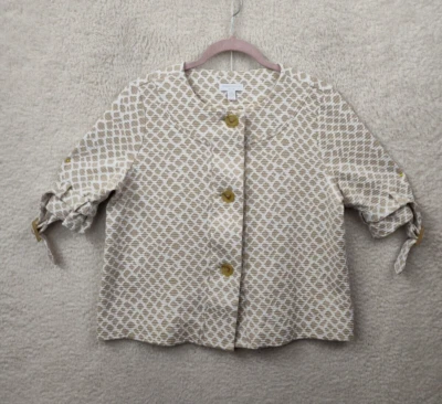 Top Charter Club para mujer mediano estampado crema mezcla de algodón manga corta abotonada Foto 1 de 4